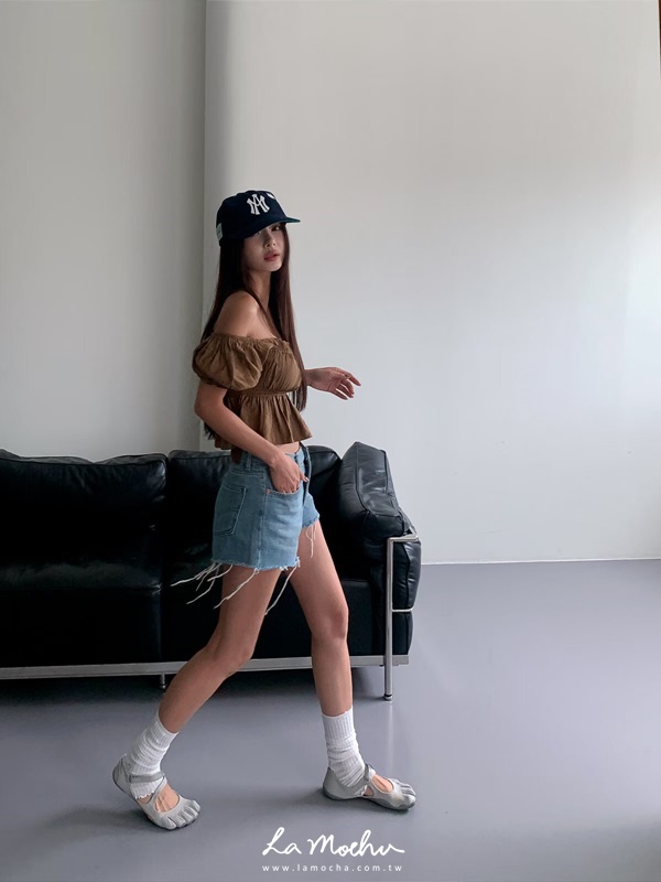 皺皺感彈性短版上衣